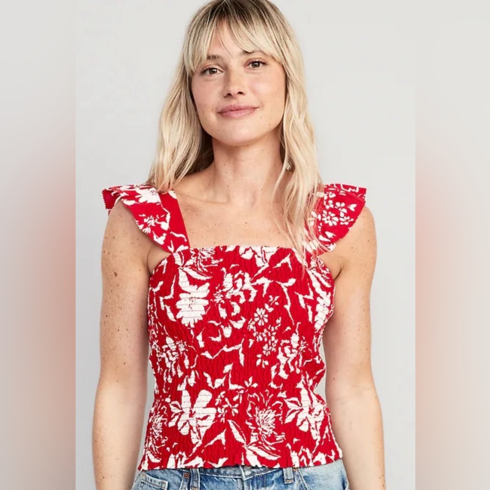 Fitted Ruffle-Trim, Smocked Floral Top